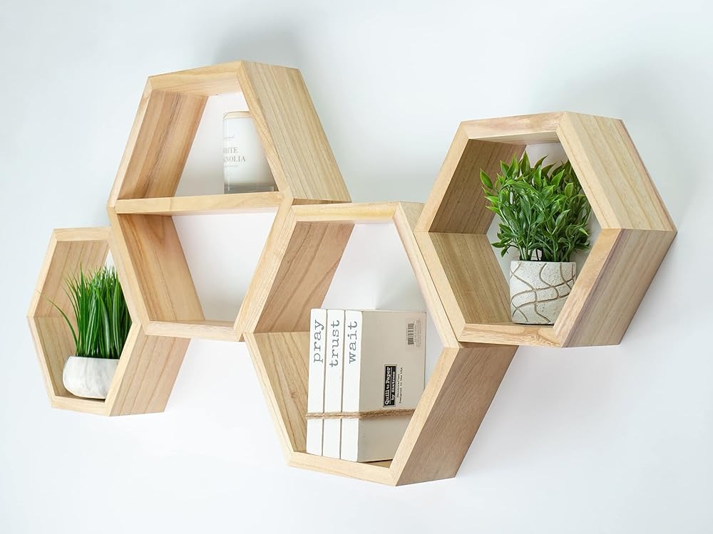 Solid Wood Hexagon Wall Shelves (Set of 4) Floating Storage for Home Decor