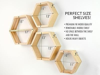 Solid Wood Hexagon Wall Shelves (Set of 4) Floating Storage for Home Decor