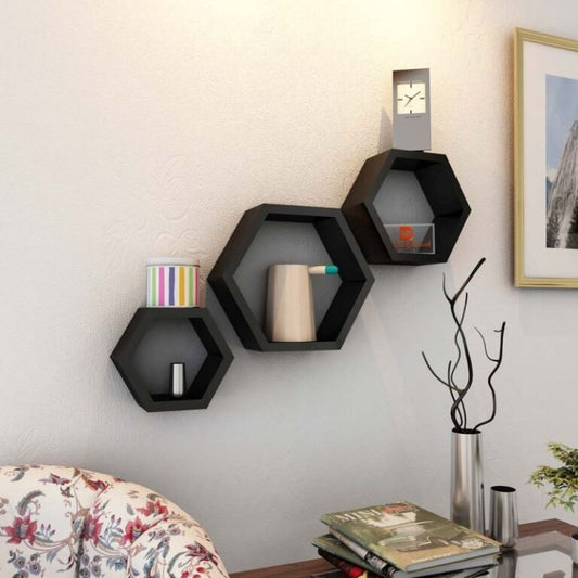 Hexagon Wall Shelves Set of 3  Black