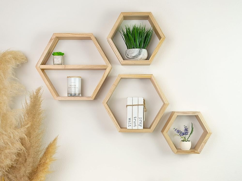 Solid Wood Hexagon Wall Shelves (Set of 4) Floating Storage for Home Decor