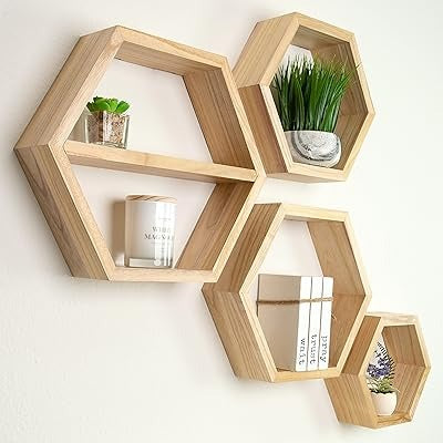 Solid Wood Hexagon Wall Shelves (Set of 4) Floating Storage for Home Decor